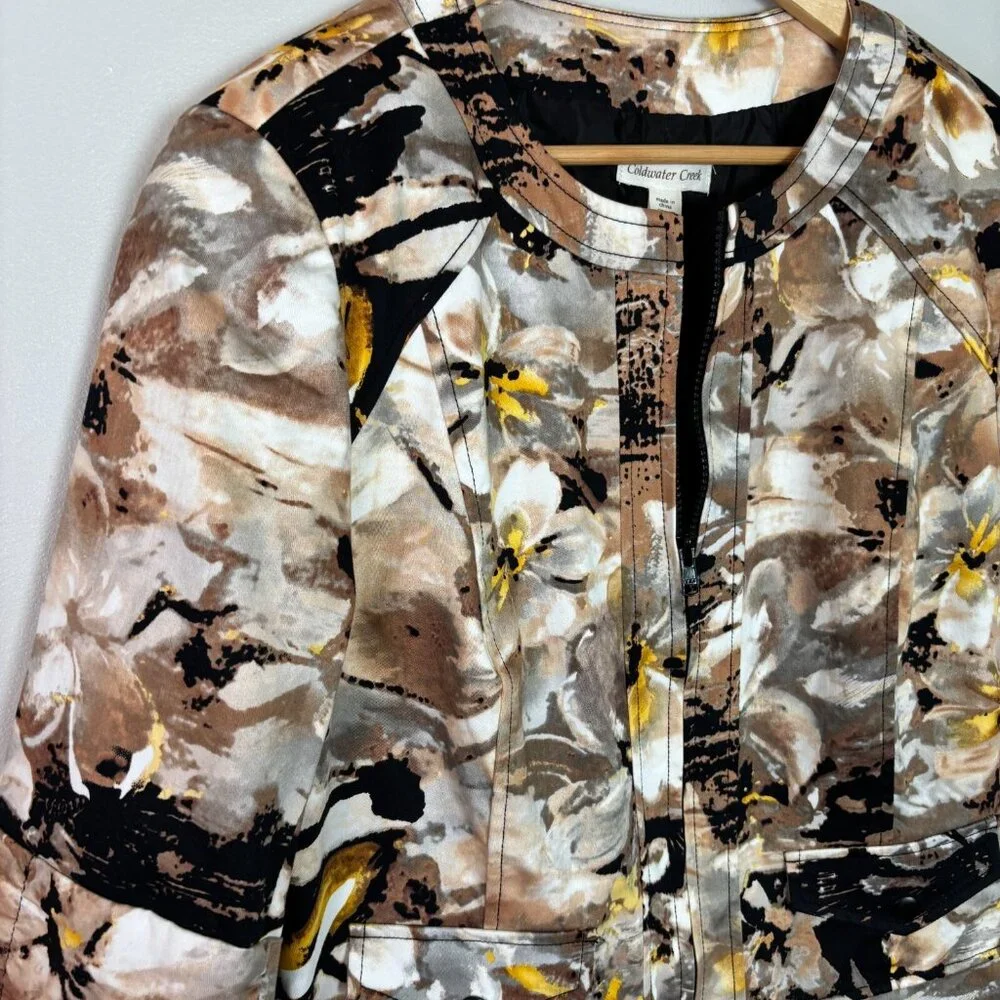 Coldwater Creek Jacket 16 Brown Yellow Floral Full-Zip 3/4 Sleeves Cotton Womens